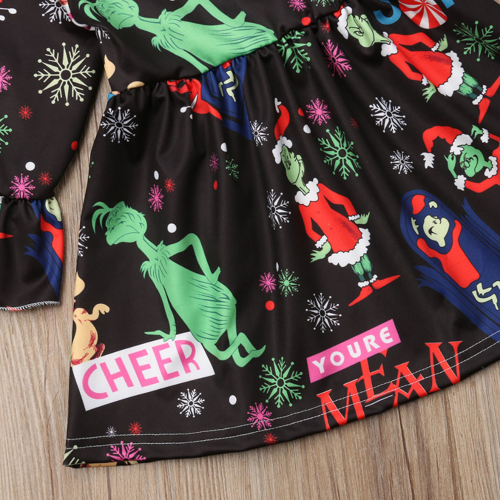 Dr Seuss Grinch Christmas Bell Sleeve Girls Dress - Picture 4 of 4